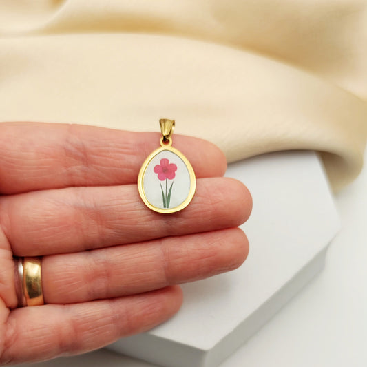 Ciondolo fiore magenta incisione retro PERSONALIZZABILE