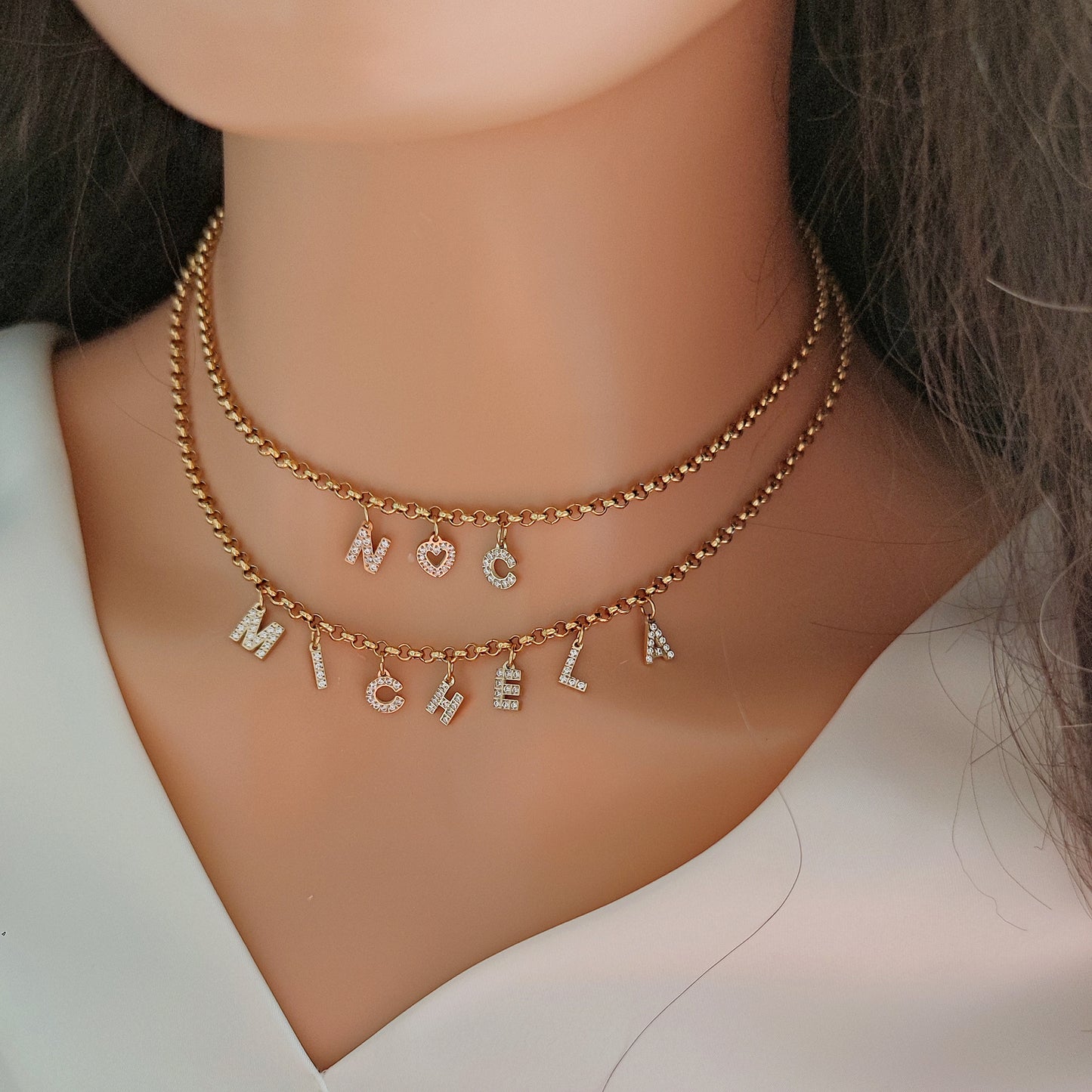 Collana letterine zirconate con cuore centrale gold PERSONALIZZABILE