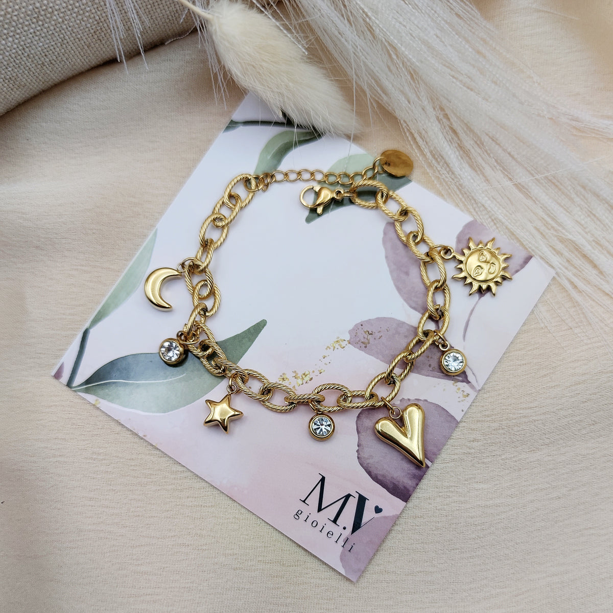 Bracciale cuore slim multicharms gold