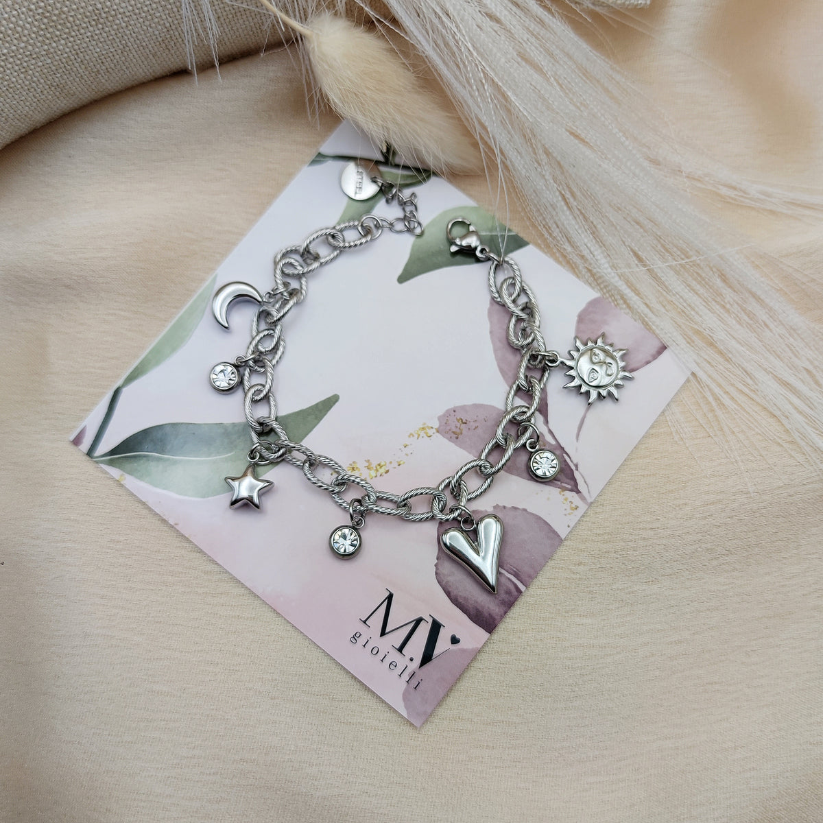 Bracciale cuore slim multicharms silver