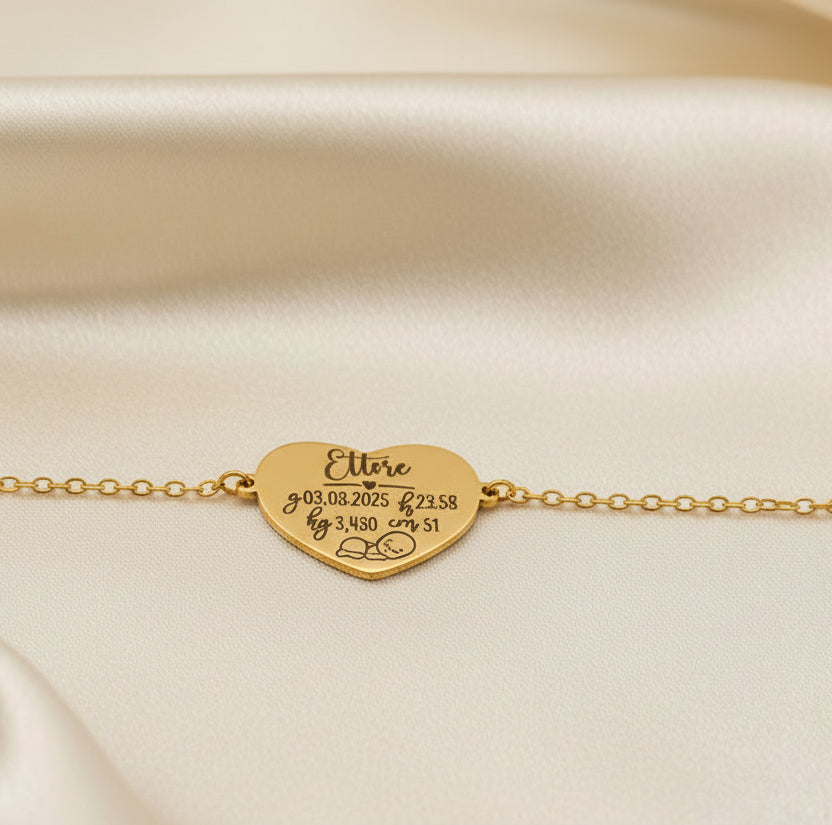 Bracciale placchetta cuore  nascita gold PERSONALIZZABILE
