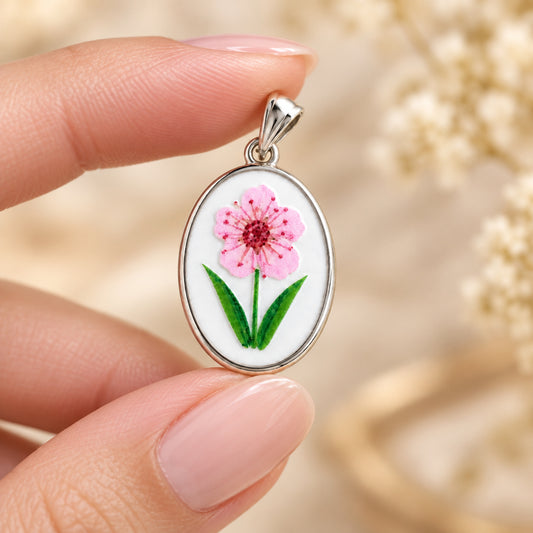 Ciondolo ovale fiore rosa silver