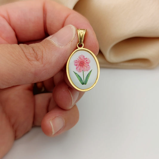 Ciondolo ovale fiore rosa