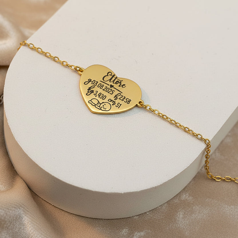 Bracciale placchetta cuore  nascita gold PERSONALIZZABILE