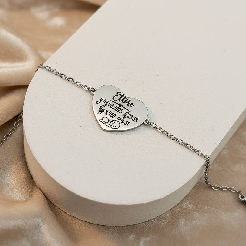 Bracciale placchetta cuore nascita silver PERSONALIZZABILE