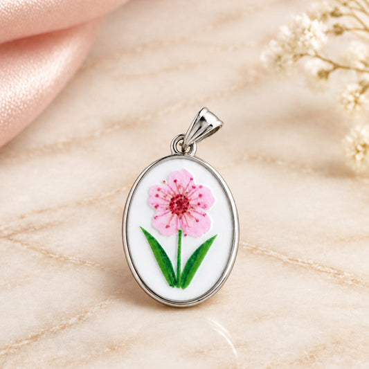 Ciondolo ovale fiore rosa silver