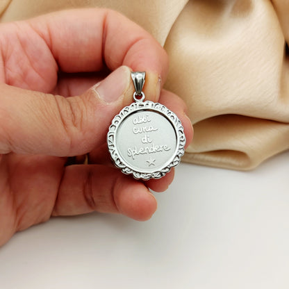Ciondolo tondo intarsiato abbi cura di splendere silver